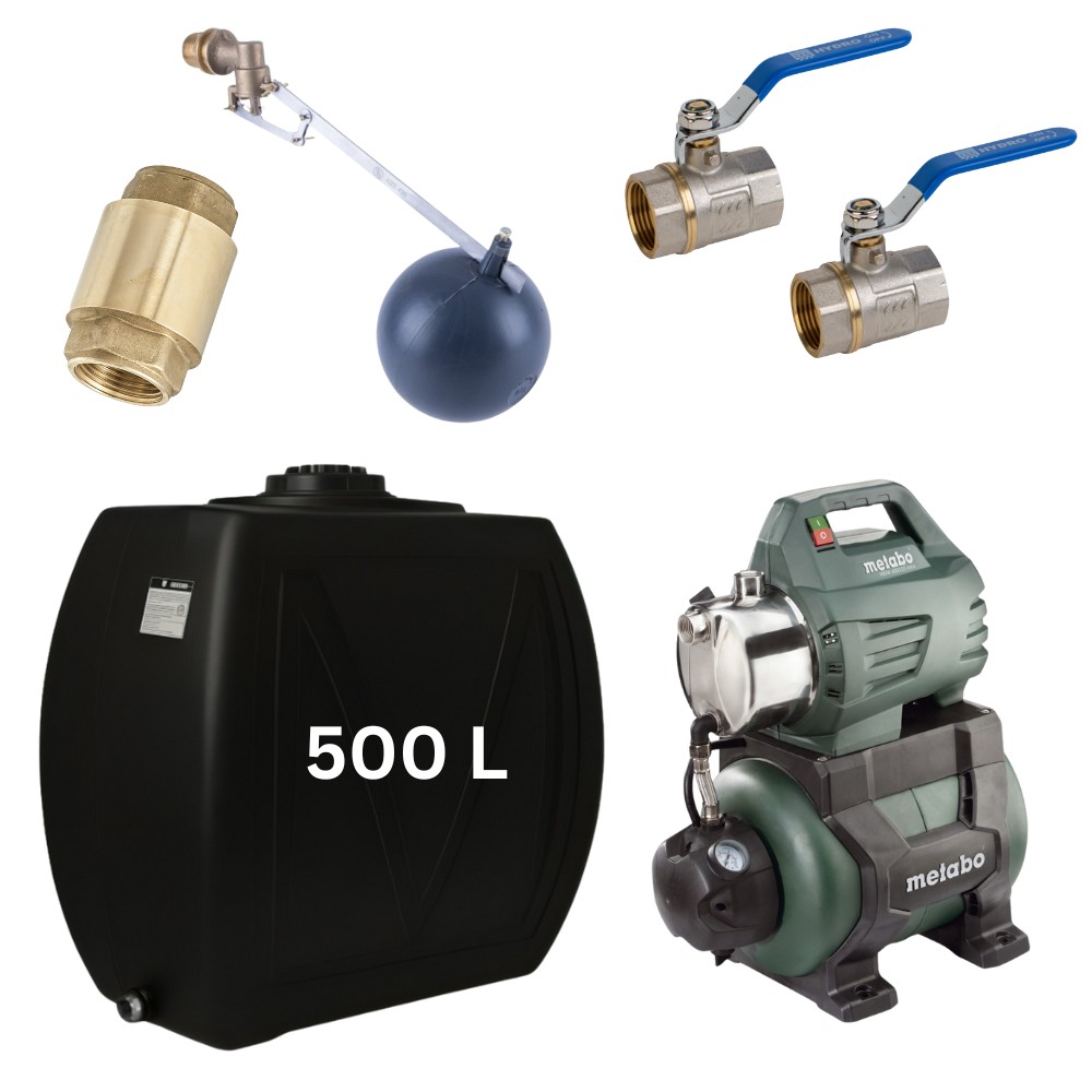 Сет „Питейна вода 500L“ с резервоар за вода Narrow Mavil (черен) и хидрофор Metabo