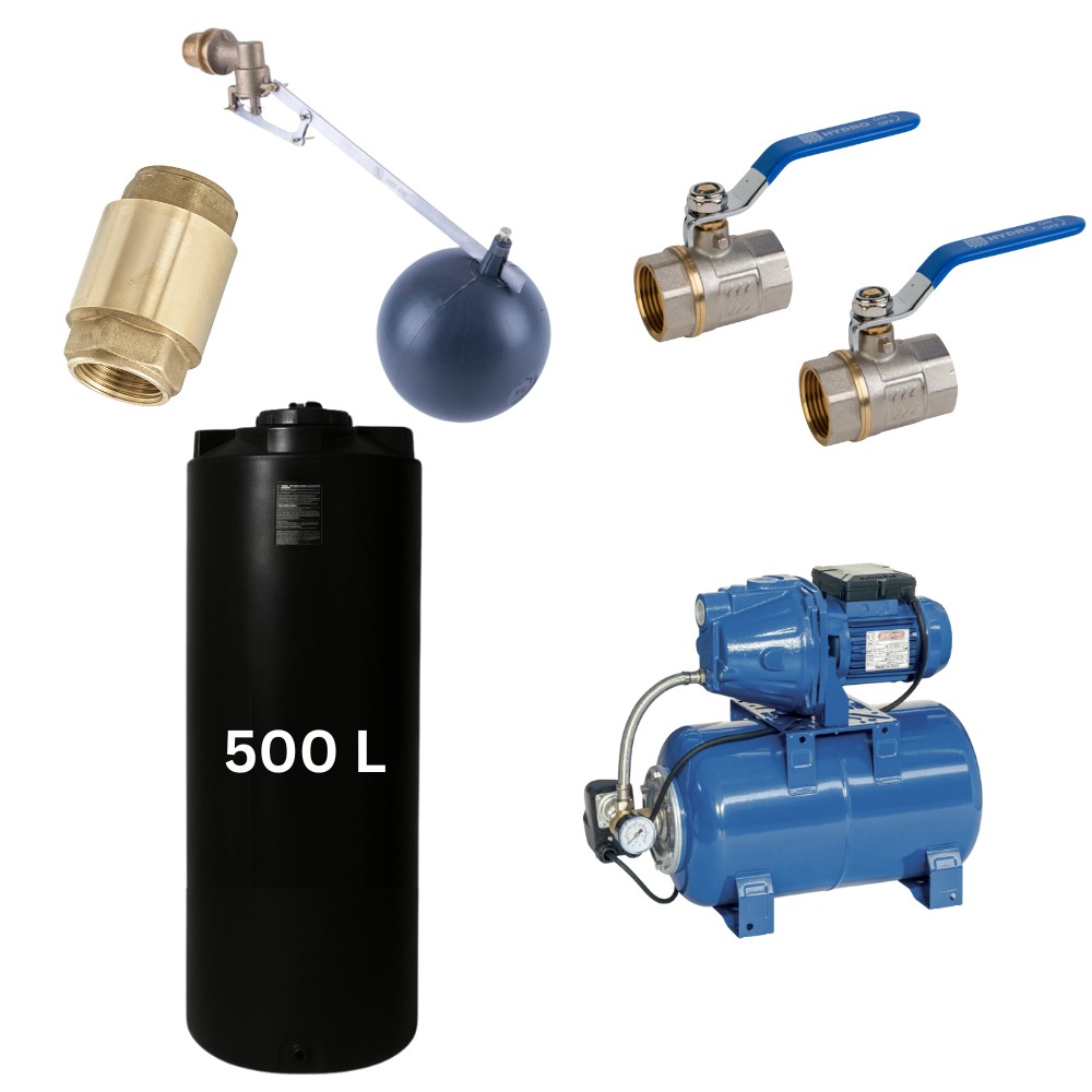Kit „Drinking water 500L“ with water tank Mavil (black, cylindrical) and hydrophore pump Speroni